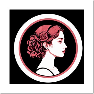 Pink, Black, and White Woman with Roses in Her Hair Posters and Art